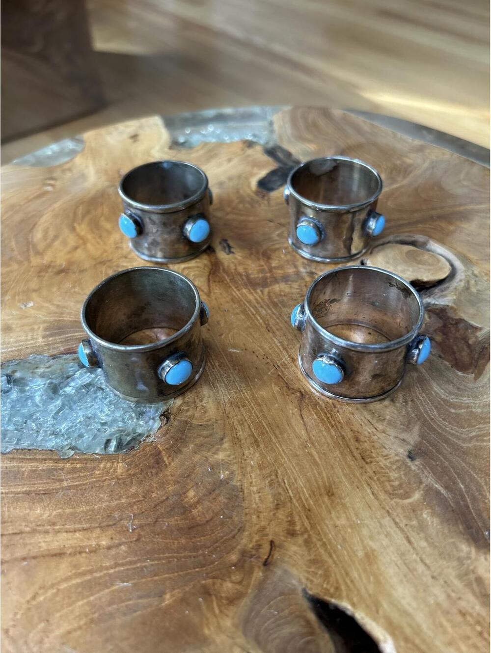 Set of 4 Vintage Brass Tone Napkin Rings with Turquoise